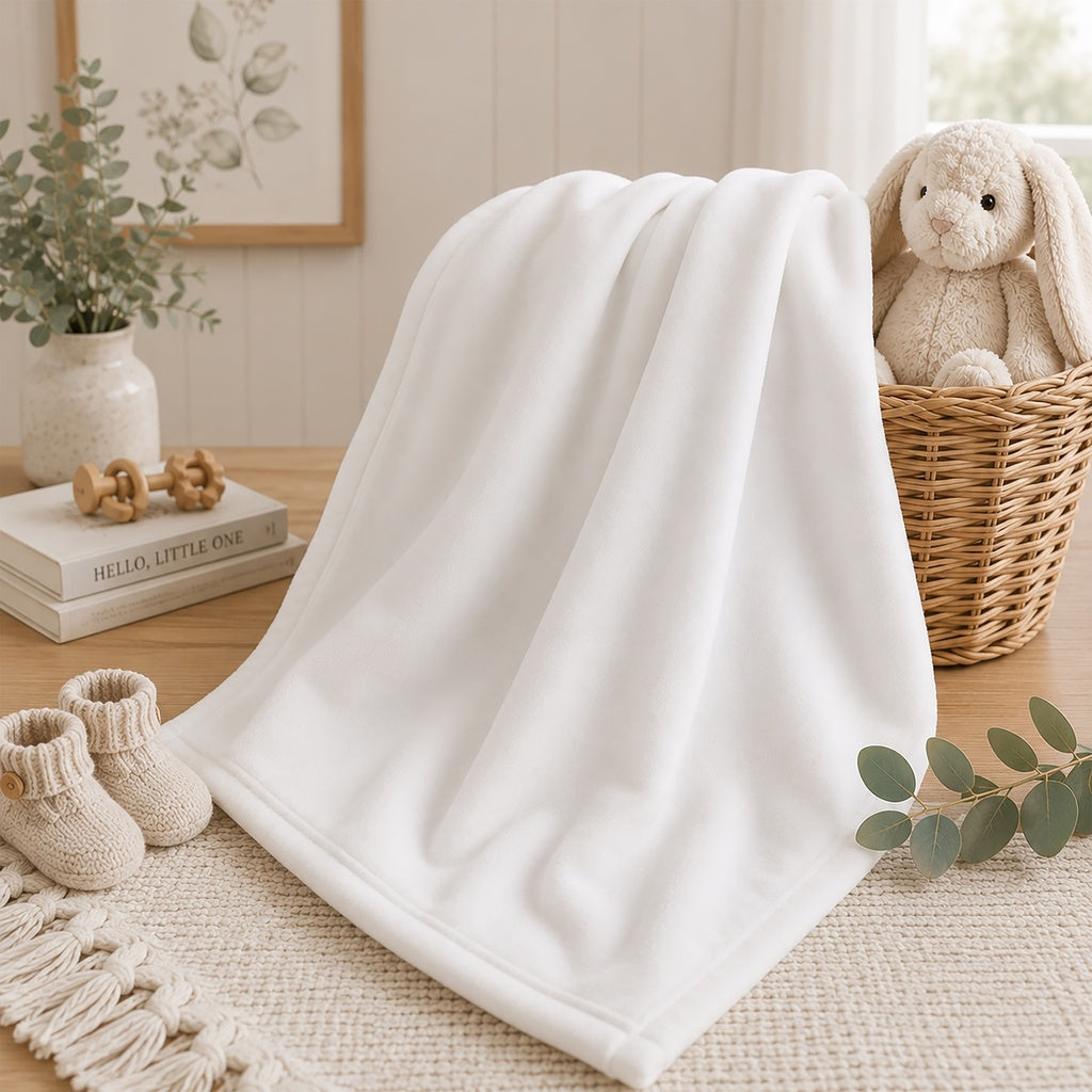 A soft white fleece blanket is draped over a wooden surface in a styled nursery-like setting, with a stuffed bunny in a wicker basket, knit booties, a small plant, and decorative books nearby.