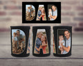 Personalised black neoprene Dad stubby holder featuring family photos inside the letters DAD
