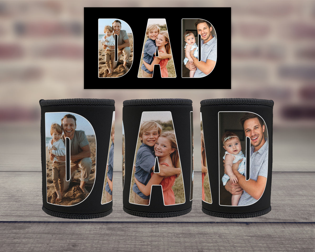 Personalised black neoprene Dad stubby holder featuring family photos inside the letters DAD
