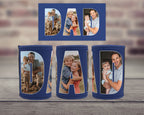 Personalised blue neoprene Dad stubby holder featuring family photos inside the letters DAD