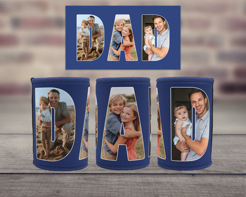 Personalised blue neoprene Dad stubby holder featuring family photos inside the letters DAD