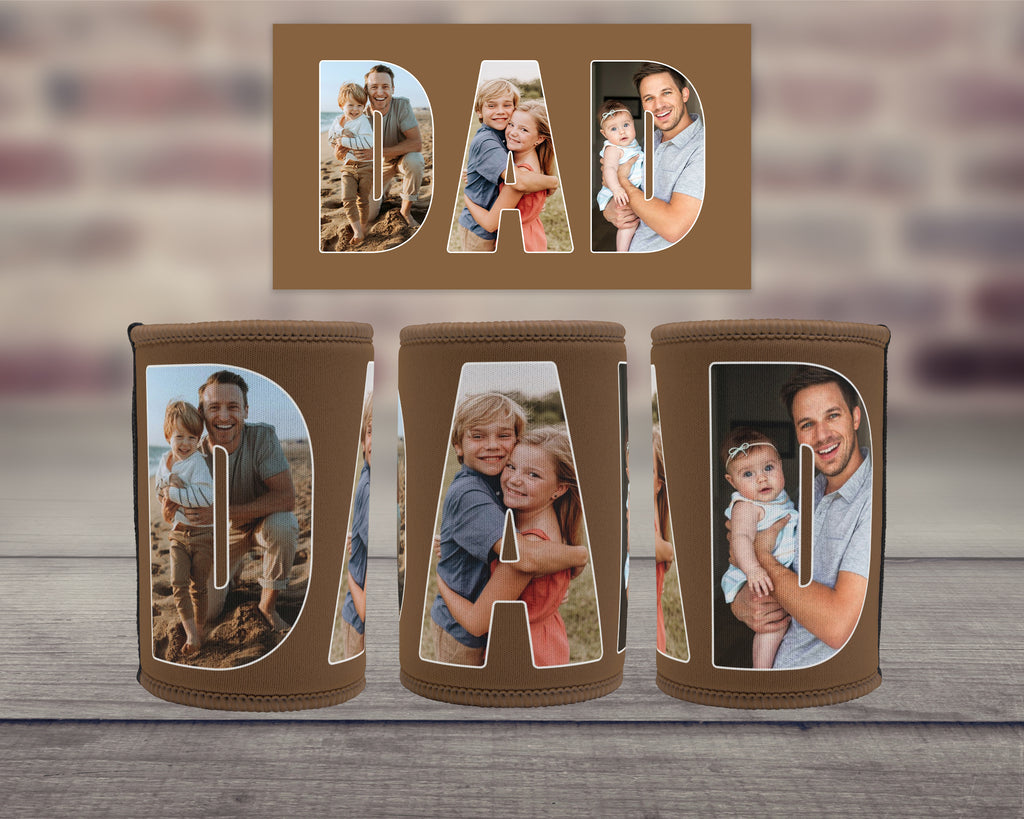 Personalised brown neoprene Dad stubby holder featuring family photos inside the letters DAD