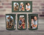 Personalised green neoprene Dad stubby holder featuring family photos inside the letters DAD