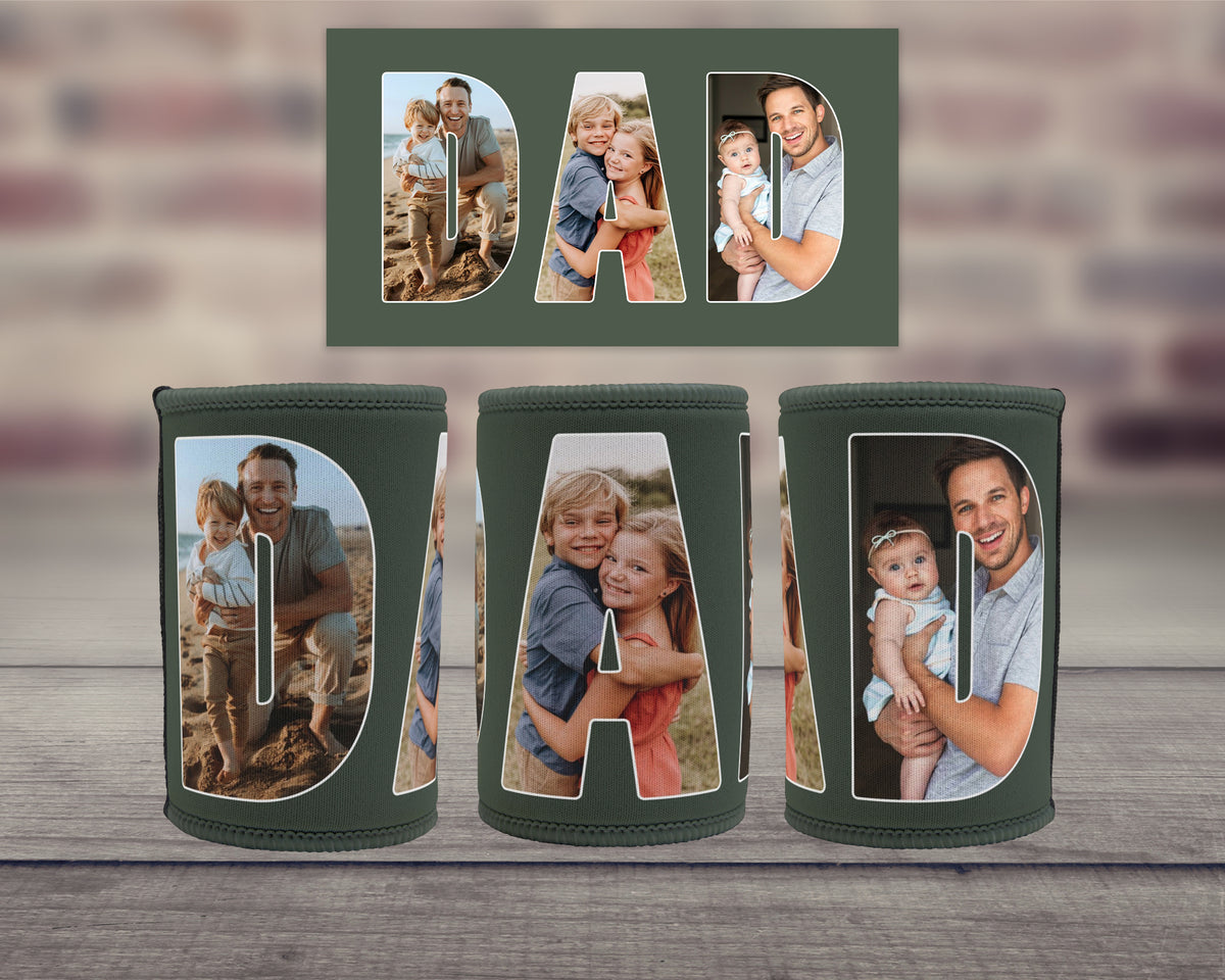 Personalised green neoprene Dad stubby holder featuring family photos inside the letters DAD
