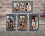Personalised grey neoprene Dad stubby holder featuring family photos inside the letters DAD
