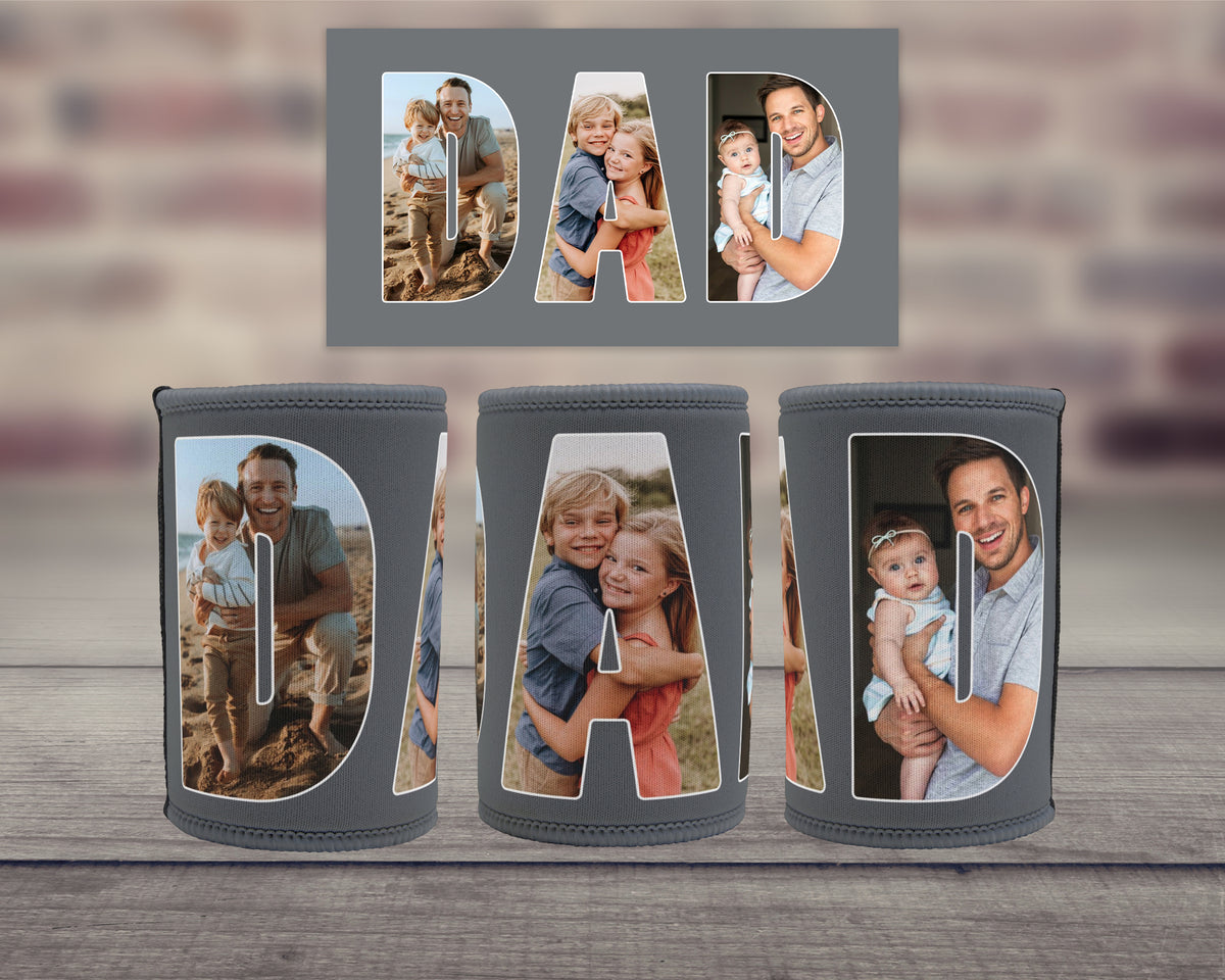 Personalised grey neoprene Dad stubby holder featuring family photos inside the letters DAD