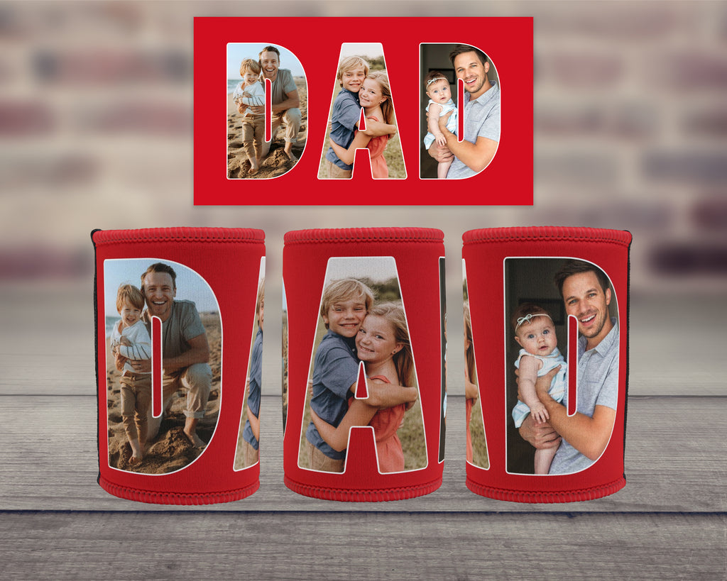 Personalised red neoprene Dad stubby holder featuring family photos inside the letters DAD
