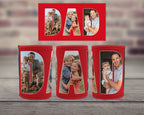 Personalised red neoprene Dad stubby holder featuring family photos inside the letters DAD