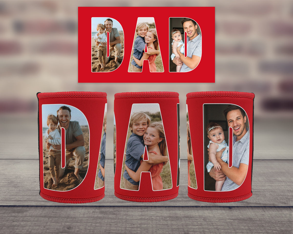Personalised red neoprene Dad stubby holder featuring family photos inside the letters DAD