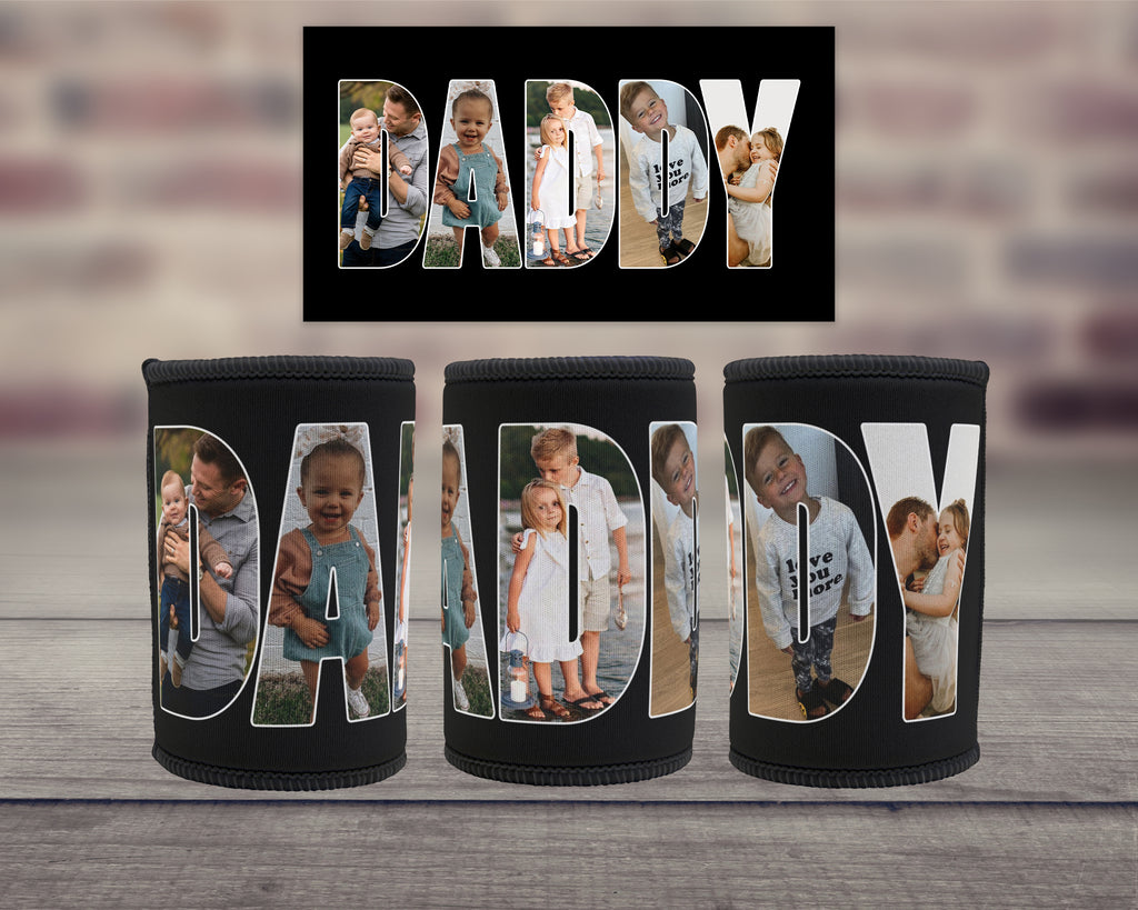 Three black neoprene can coolers displayed on a wooden surface with a blurred brick wall background. Above them is a black rectangular template showing the custom photo filled 'DADDY' lettering design.