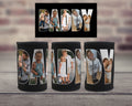 Three black neoprene can coolers displayed on a wooden surface with a blurred brick wall background. Above them is a black rectangular template showing the custom photo filled 'DADDY' lettering design.