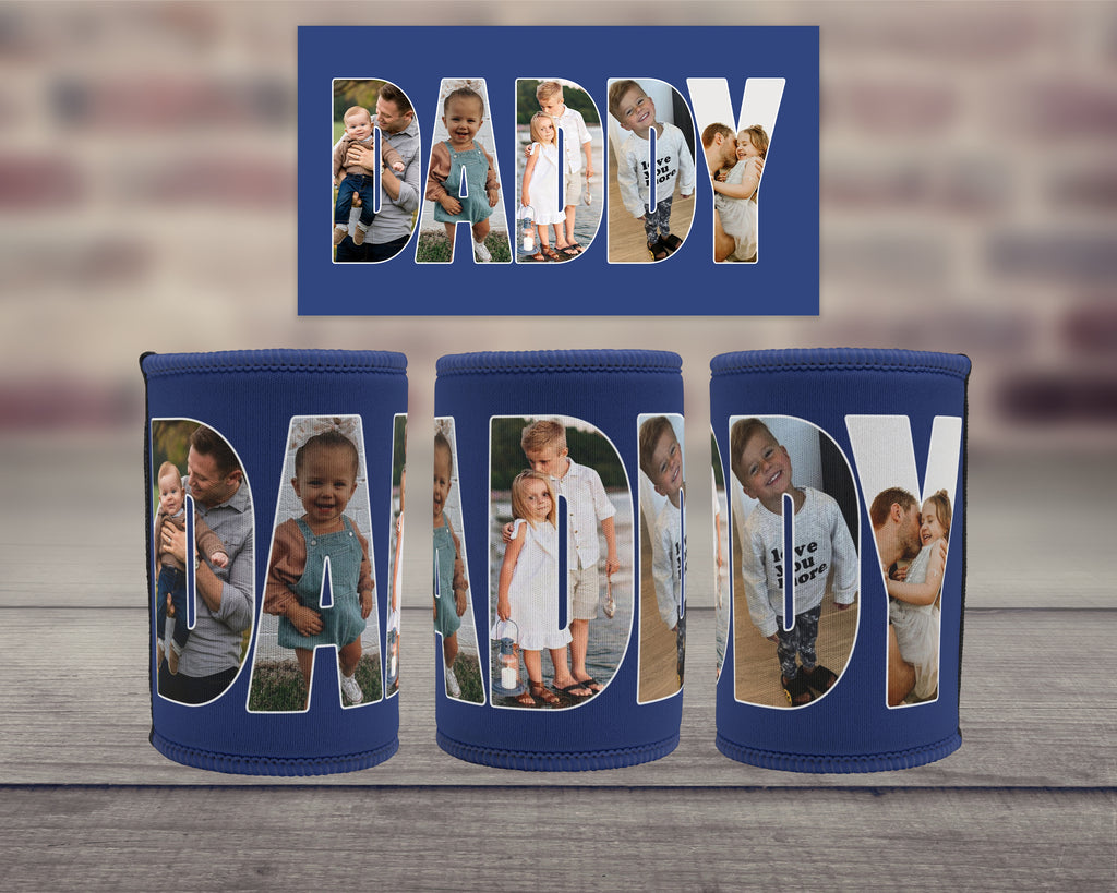 Three navy blue can coolers displayed on a wooden surface with a blurred brick wall background. Each cooler features a large photo frame filled with family photos spelling out 'DADDY'.