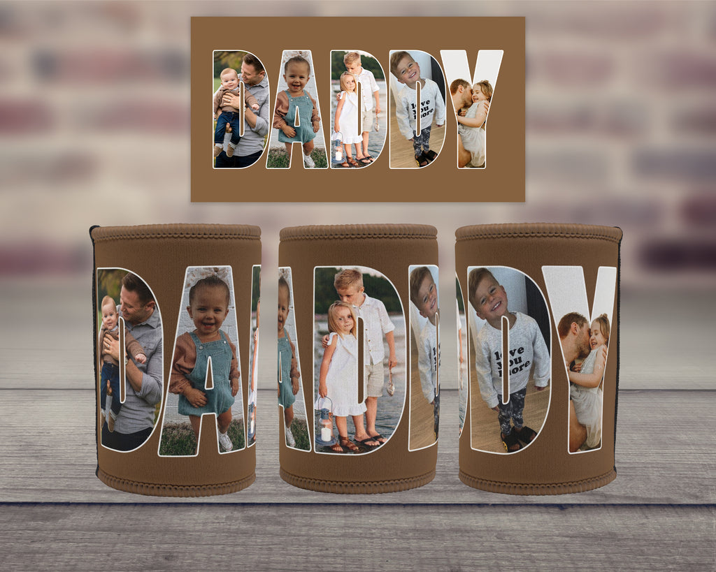Three brown insulated tumblers with custom photo filled lettering spelling 'DADDY' are displayed on a wooden surface, with a matching rectangular plaque above them.