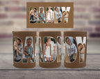 Three brown insulated tumblers with custom photo filled lettering spelling 'DADDY' are displayed on a wooden surface, with a matching rectangular plaque above them.