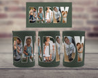 Three dark green neoprene can coolers arranged in a row on a wooden surface, each featuring a large white letter filled with a family photo, spelling out 'DADDY'. Above them is a matching rectangular print with the word 'DADDY' in the same photo filled letter design.