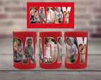 Three red neoprene cup sleeves arranged on a wooden surface with a blurred brick wall background. Above them is a matching red rectangular print featuring the word "DADDY" filled with family photos.