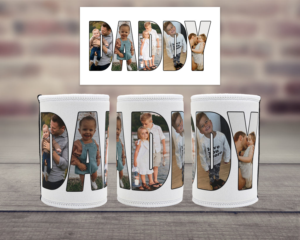 Three white can coolers on a wooden surface, each featuring a large letters spelling the word 'DADDY' filled with a family photo. Above them is a matching printed design.