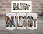 Three white can coolers on a wooden surface, each featuring a large letters spelling the word 'DADDY' filled with a family photo. Above them is a matching printed design.