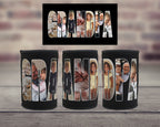 Three black can coolers with custom photo filled lettering spelling 'GRANDPA' are displayed on a wooden surface against a blurred brick wall background, with a matching top graphic showing the design layout.