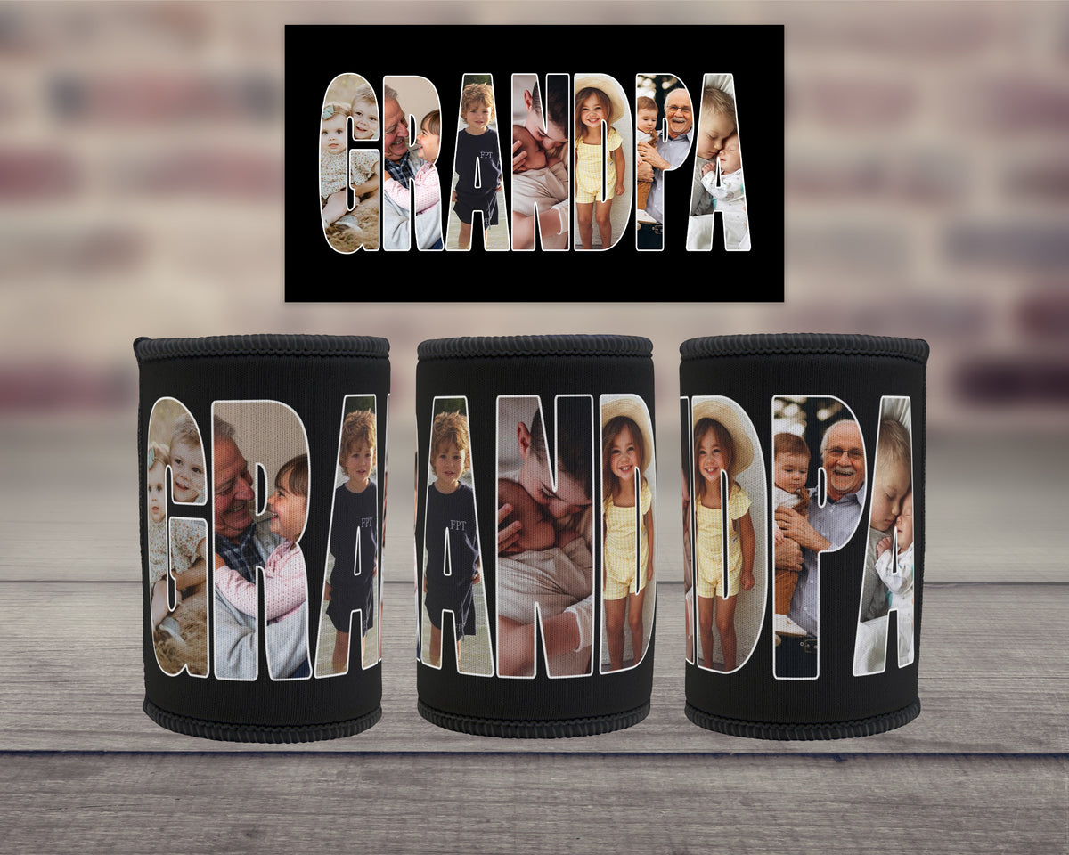 Three black can coolers with custom photo filled lettering spelling 'GRANDPA' are displayed on a wooden surface against a blurred brick wall background, with a matching top graphic showing the design layout.
