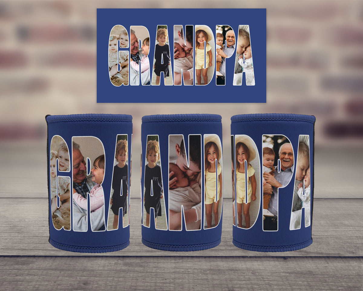 Three navy blue neoprene can coolers with the word 'GRANDPA' spelled out in large photo filled letters, shown on a wooden surface with a blurred brick wall background. A matching rectangular card is displayed above the can coolers.