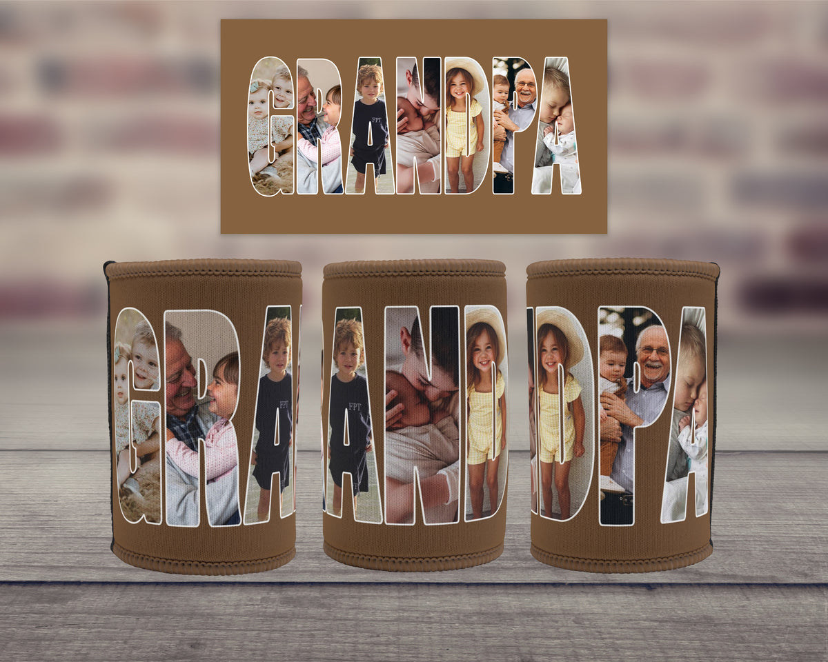 Three personalised can coolers with text spelling GRANDPA with photos within each letter and a matching rectangular sign above them. All featuring the name GRANDPA in large letters filled with family photos, set on a wooden surface against a blurred brick wall.