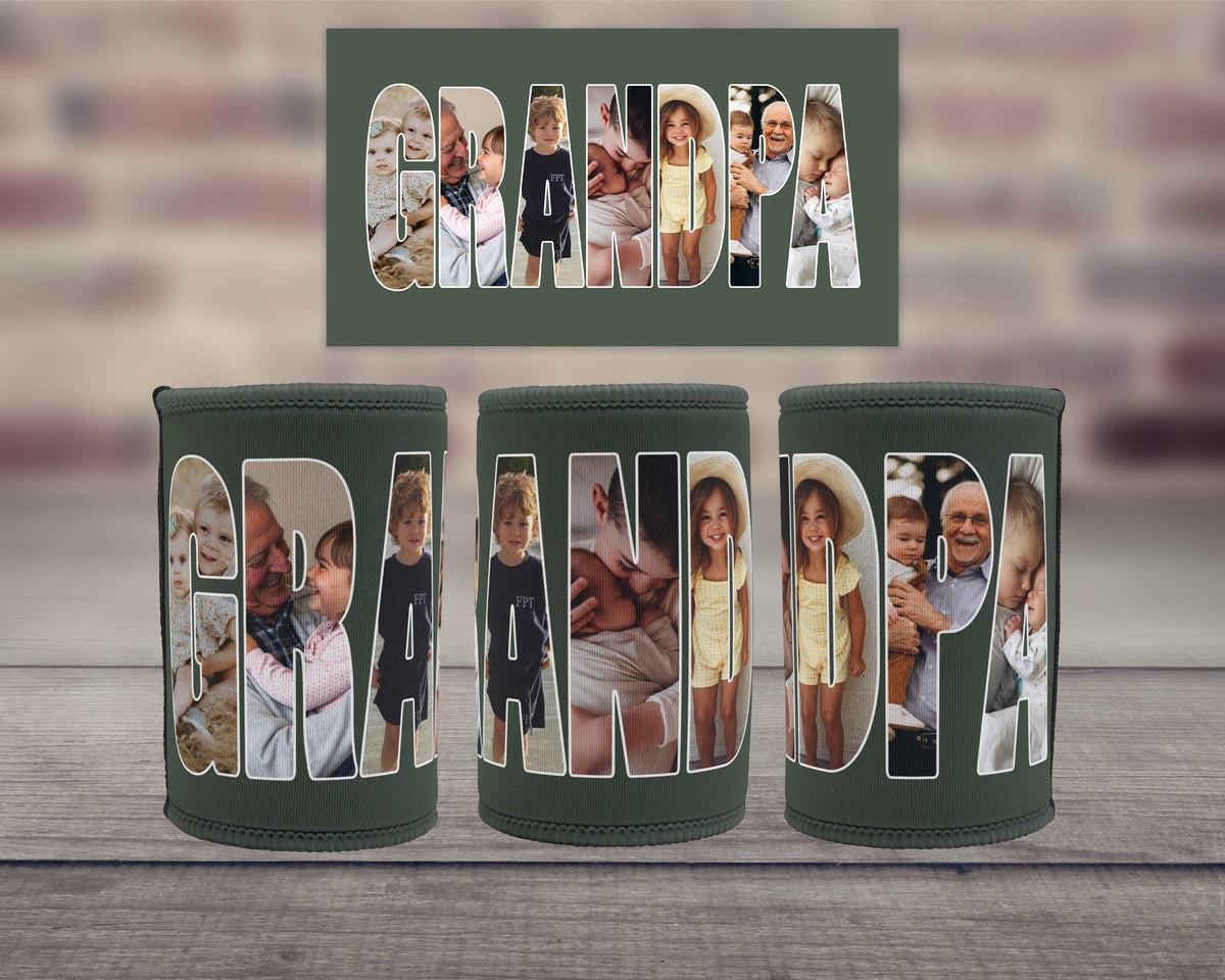 Three dark green can coolers with custom photo filled lettering spelling 'GRANDPA' are displayed on a wooden surface, with a matching rectangular sign above them against a blurred brick wall background.