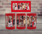 Three red can coolers with custom photo filled lettering spelling 'GRANDPA' are displayed on a wooden surface with a blurred brick wall background. A matching red rectangular card with the same photo filled 'GRANDPA' design is positioned above the can coolers.