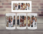 Three white can coolers with custom photo filled letters spelling 'GRANDPA' are displayed on a wooden surface against a blurred brick wall. A matching rectangle sign of the lettering design is shown above the can coolers.