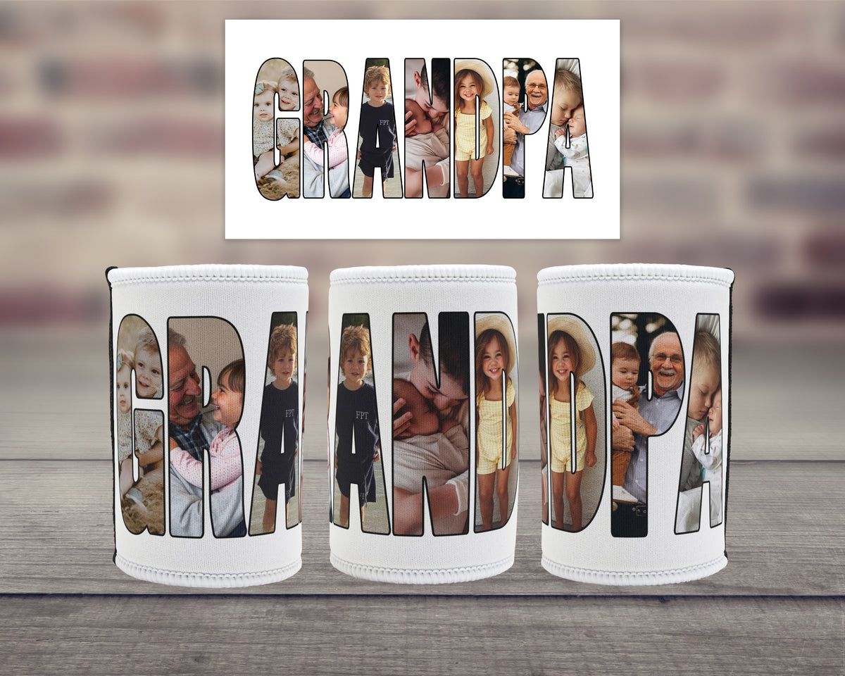 Three white can coolers with custom photo filled letters spelling 'GRANDPA' are displayed on a wooden surface against a blurred brick wall. A matching rectangle sign of the lettering design is shown above the can coolers.
