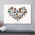 Personalised heart shaped canvas print featuring 36 couple photos arranged in a love heart with personalised names displayed underneath.