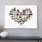 Personalised heart shaped canvas print featuring 36 couple photos arranged in a love heart with personalised names displayed underneath.
