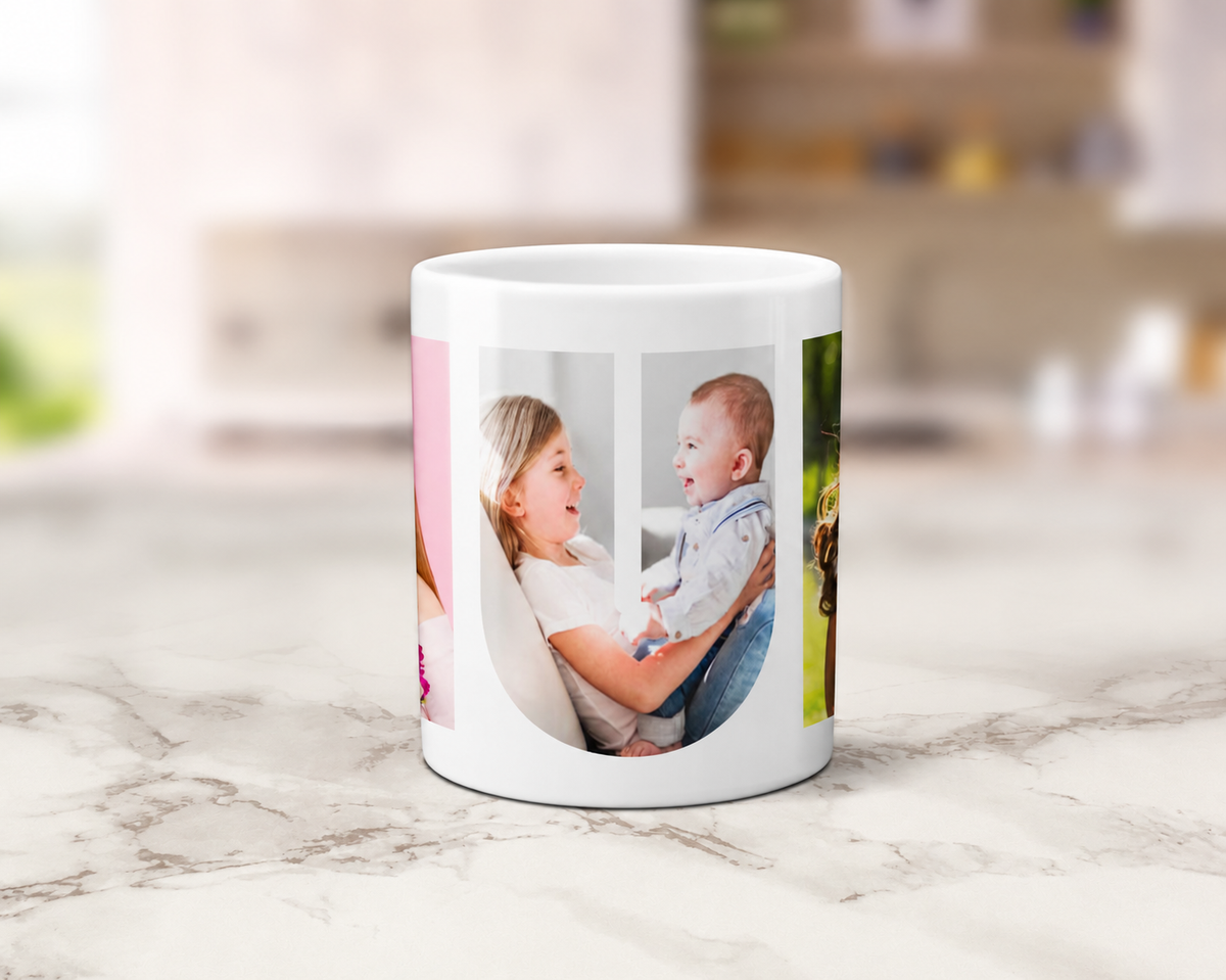 Close up of personalised Mum photo collage mug showing family photos inside the letter U
