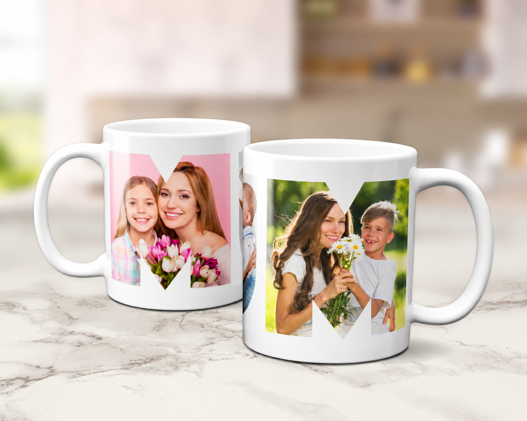 Left and right sides of a personalised Mum photo collage mug featuring family photos within the MUM design