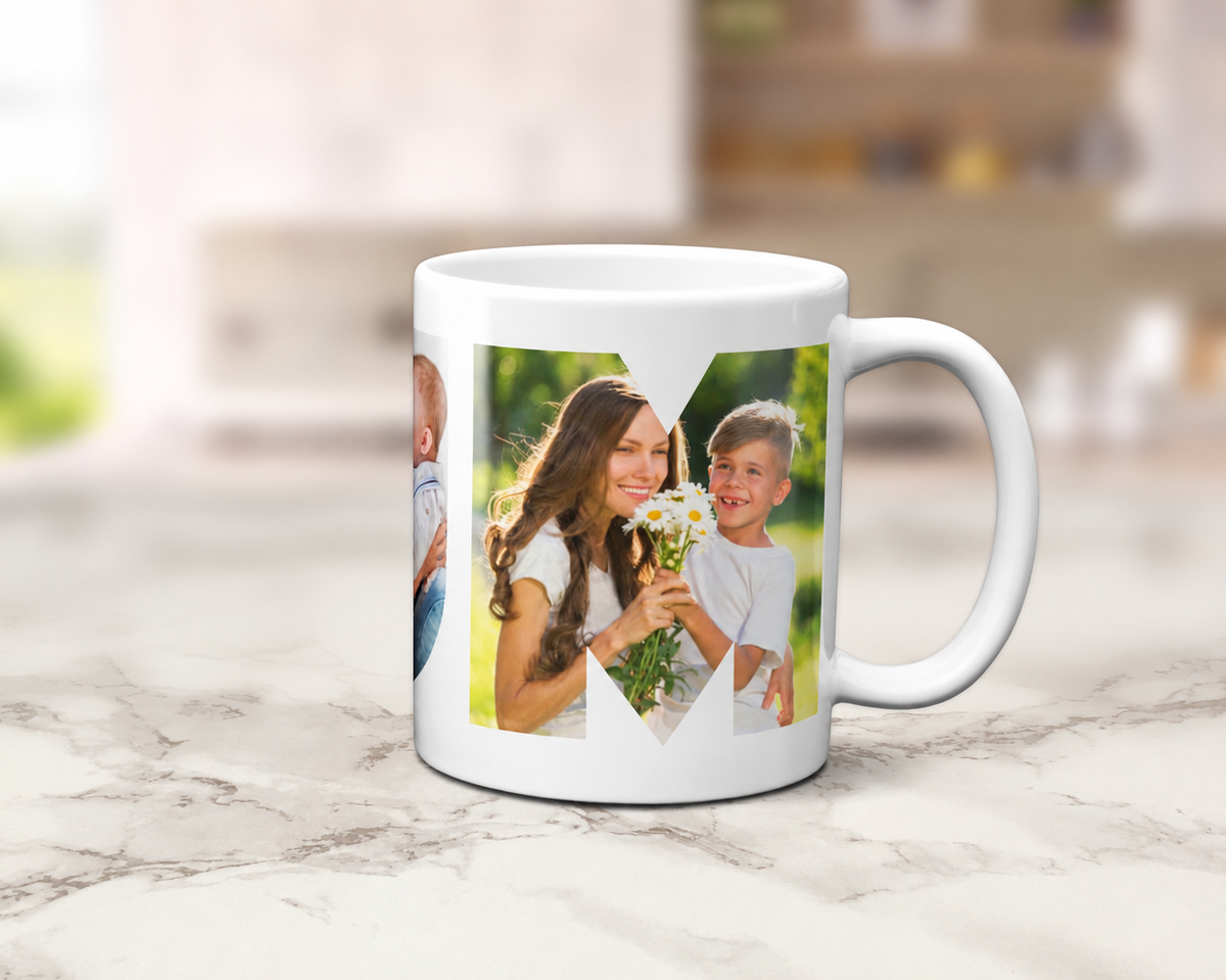 Close up of personalised Mum photo collage mug showing family photos inside the letter M