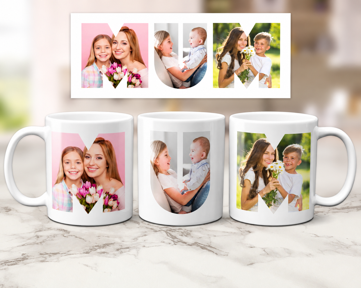 Personalised mum photo collage ceramic mug featuring family photos inside the word MUM.