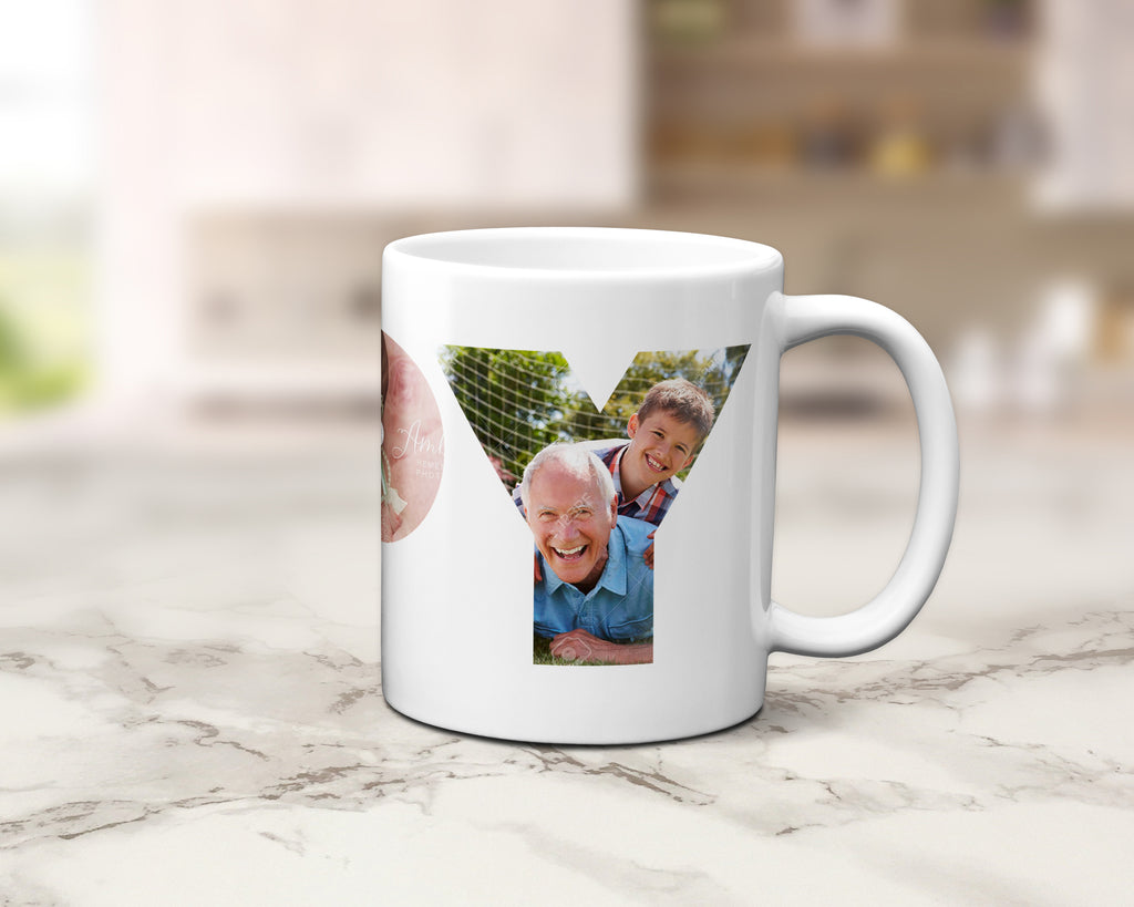 A white ceramic mug with a custom photo collage printed on the side, displayed on a light marble countertop with a blurred kitchen background.