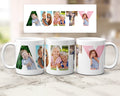 Three white ceramic mugs with custom photo filled letters spelling 'AUNTY' are displayed on a marble surface, with a matching letter print above them. The photos depict children in outdoor and indoor settings.