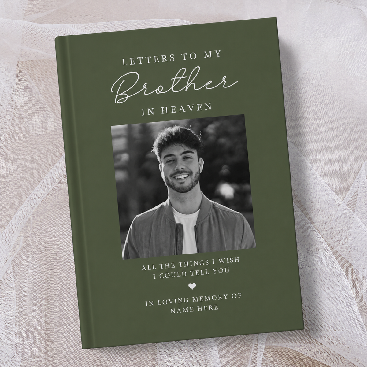Personalised green hardcover memorial journal titled ‘Letters to My Brother in Heaven’, featuring a black and white photo of a smiling man on the cover with the words ‘All the things I wish I could tell you’ and ‘In loving memory’, personalised with a name
