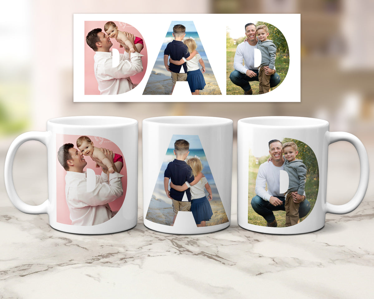 Three white ceramic mugs displayed on a light marble surface, each featuring a different family photo arranged inside a large letter of the word 'DAD'. Above them is a matching flat print design showing the same photo layouts.