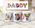 Three white ceramic mugs arranged side by side on a marble surface, each printed with a different family photo cut into the letter of the word 'DADDY'. A matching printed card is shown above them against a softly blurred indoor background.