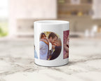 A white ceramic coffee mug with custom printed circular and rectangular family photos, displayed on a light marble countertop with a blurred kitchen background.