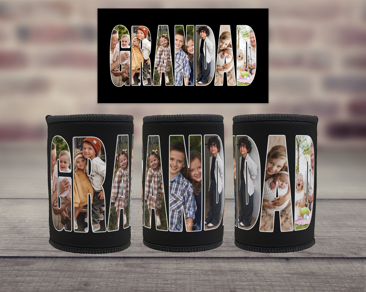 Three black insulated can coolers on a wooden surface with a blurred brick wall background. Each cooler displays large vertical letters spelling GRANDAD filled with family photos of children.
