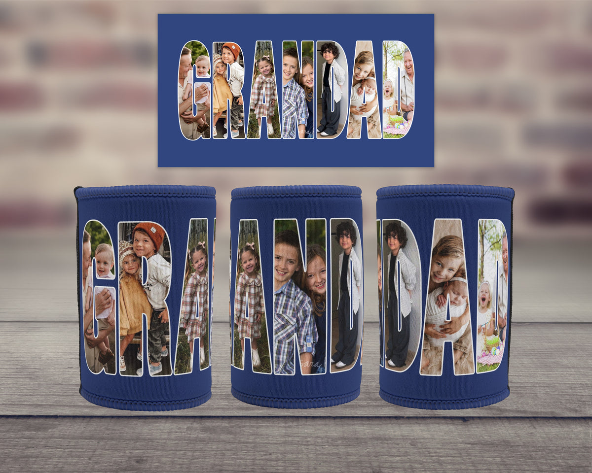 Three navy blue neoprene can coolers on a wooden surface, each featuring a custom photo filled 'GRANDAD' design, with a matching rectangular card above them against a blurred brick wall background.