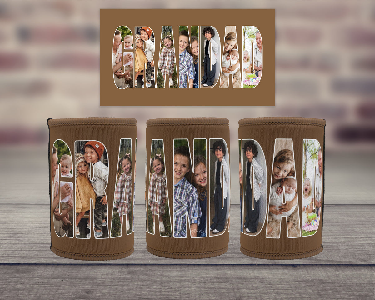 Three personalized brown insulated can coolers with large letters spelling GRANDAD, each filled with family photos, displayed on a wooden surface with a blurred brick wall background. A matching rectangular card is shown above.