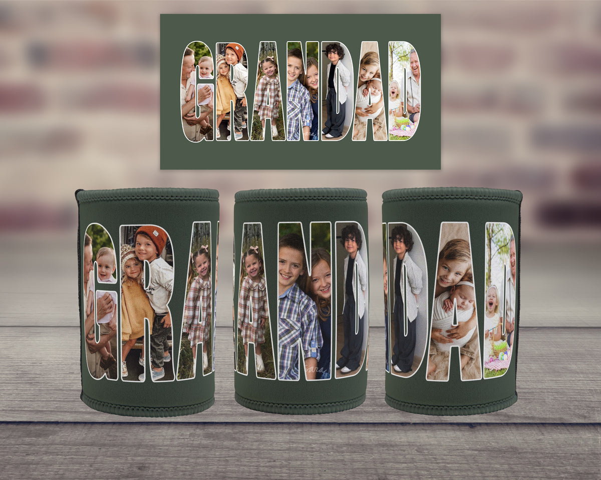 Three dark green insulated can coolers on a wooden surface with a blurred brick wall background, each featuring a large photo filled letter design spelling GRANDAD. A matching rectangular card above shows the word GRANDAD with family photos inside the letters.