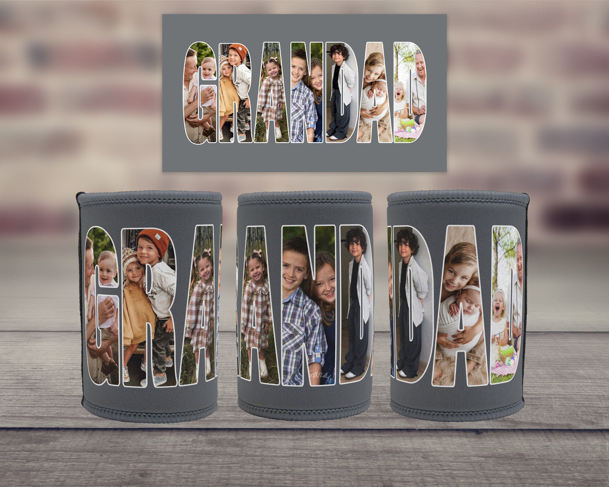 Three dark grey insulated can coolers with custom photo. filled lettering spelling 'GRANDAD' are displayed on a wooden surface, with a matching flat graphic above them against a blurred brick wall background.