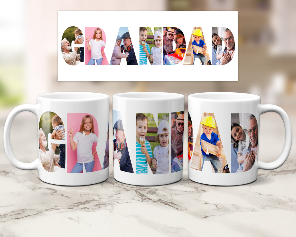 Three white ceramic mugs with custom family photo lettering spelling 'GRANDAD' shown alongside a matching rectangular print on a light marble surface. The photos form the word 'GRANDAD' in various family poses and activities.
