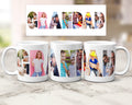 Three white ceramic mugs with custom family photo lettering spelling 'GRANDAD' shown alongside a matching rectangular print on a light marble surface. The photos form the word 'GRANDAD' in various family poses and activities.