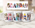 Three white ceramic mugs with custom family photo lettering spelling 'GRANDAD' shown alongside a matching rectangular print on a light marble surface. The photos form the word 'GRANDAD' in various family poses and activities.
